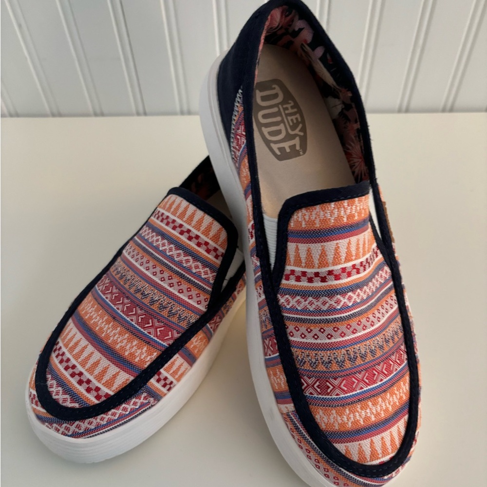 Hey Dude! Slip-on sneaker, navy print. Size 8. Like new!